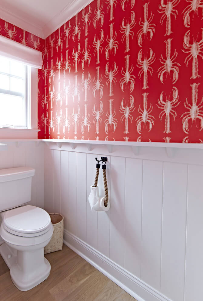 Coastal bathroom with red wallpaper