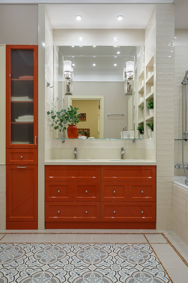 Bright red bathroom vanity