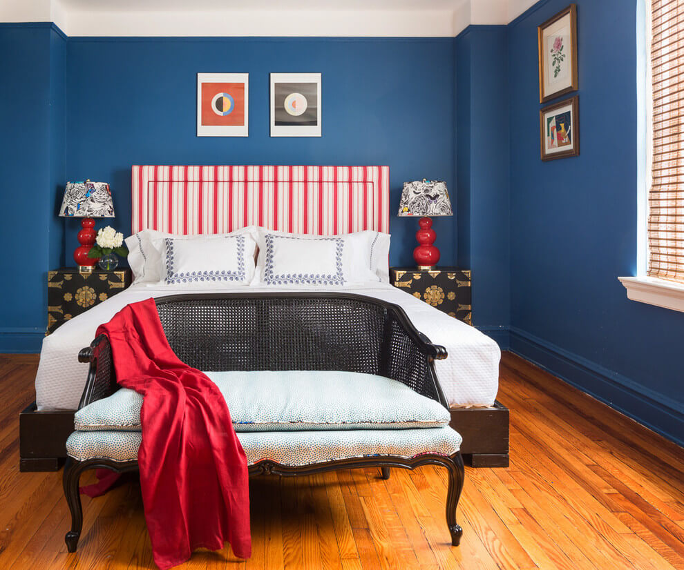 Blue and red bedroom decor