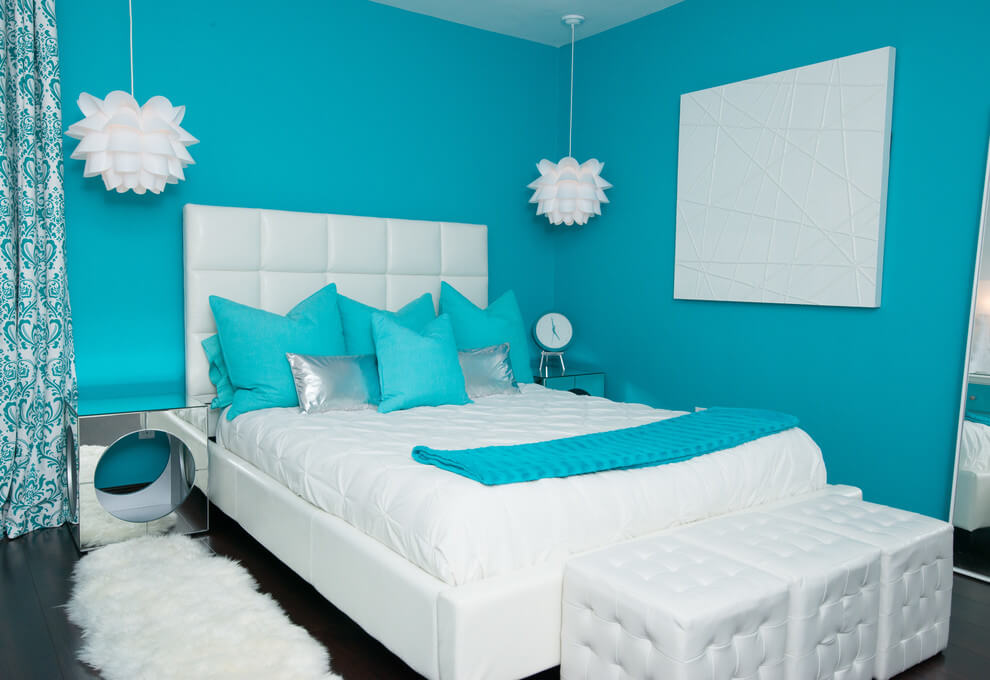 Modern turquoise and white bedroom
