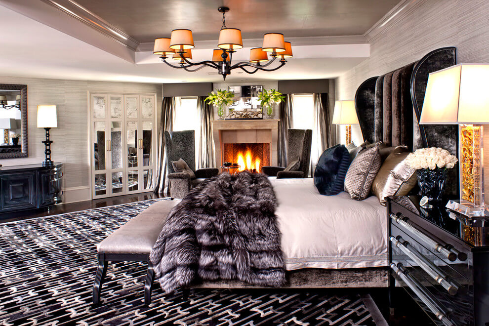 Glamorous modern bedroom with fireplace