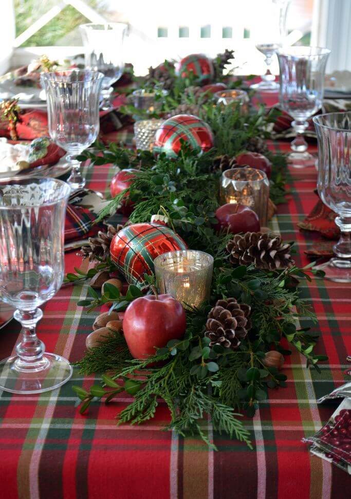 Red Plid And Evergreen Tablescape
