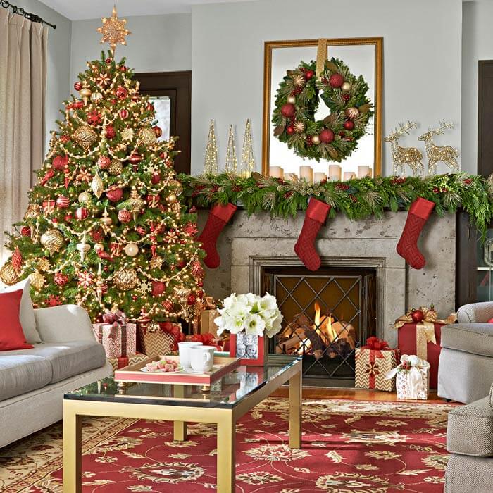 Living room decor in red gold