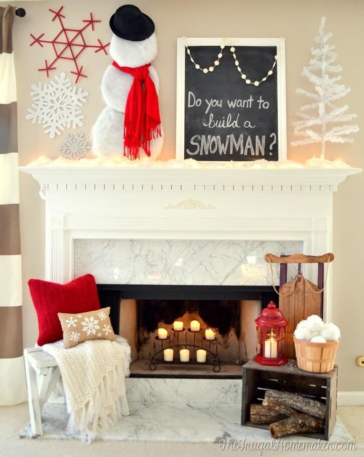 Winter snowman fireplace mantel decor