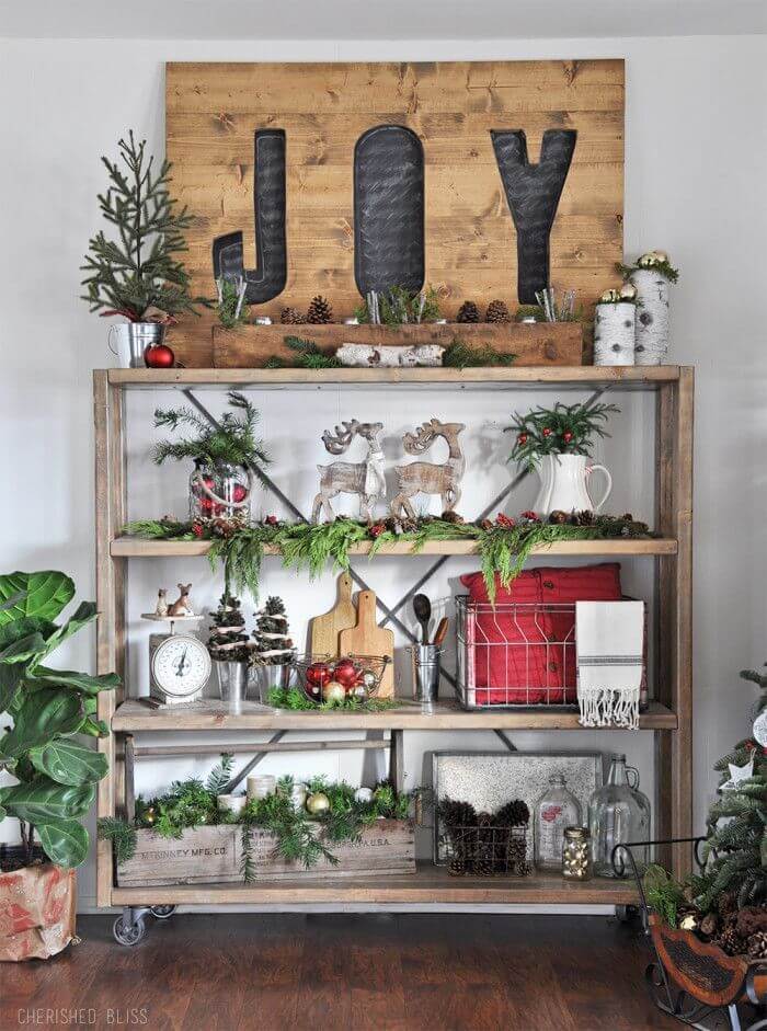 Rustic Christmas kitchen shelf decor