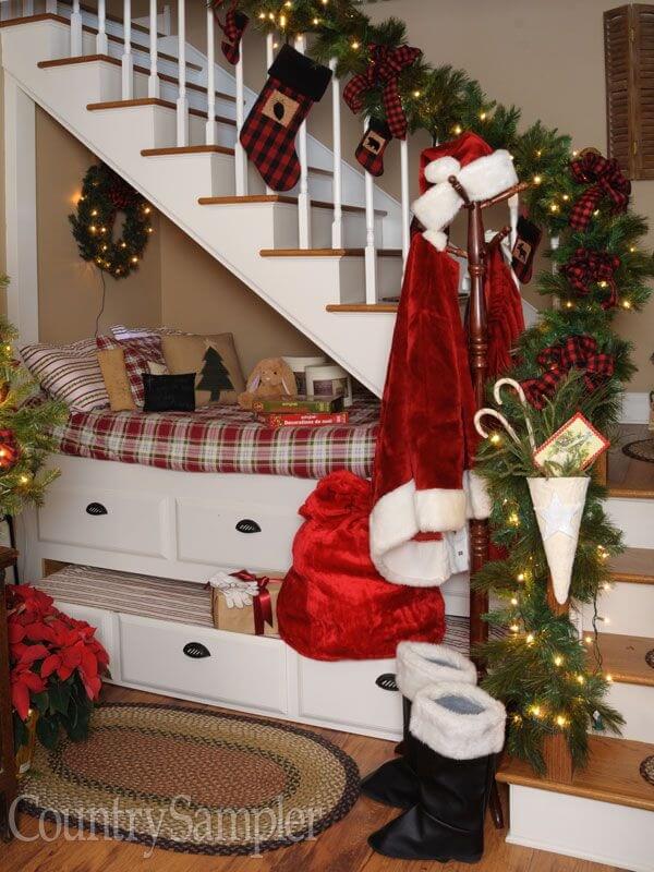 Stairs Christmas Decor With Plaid
