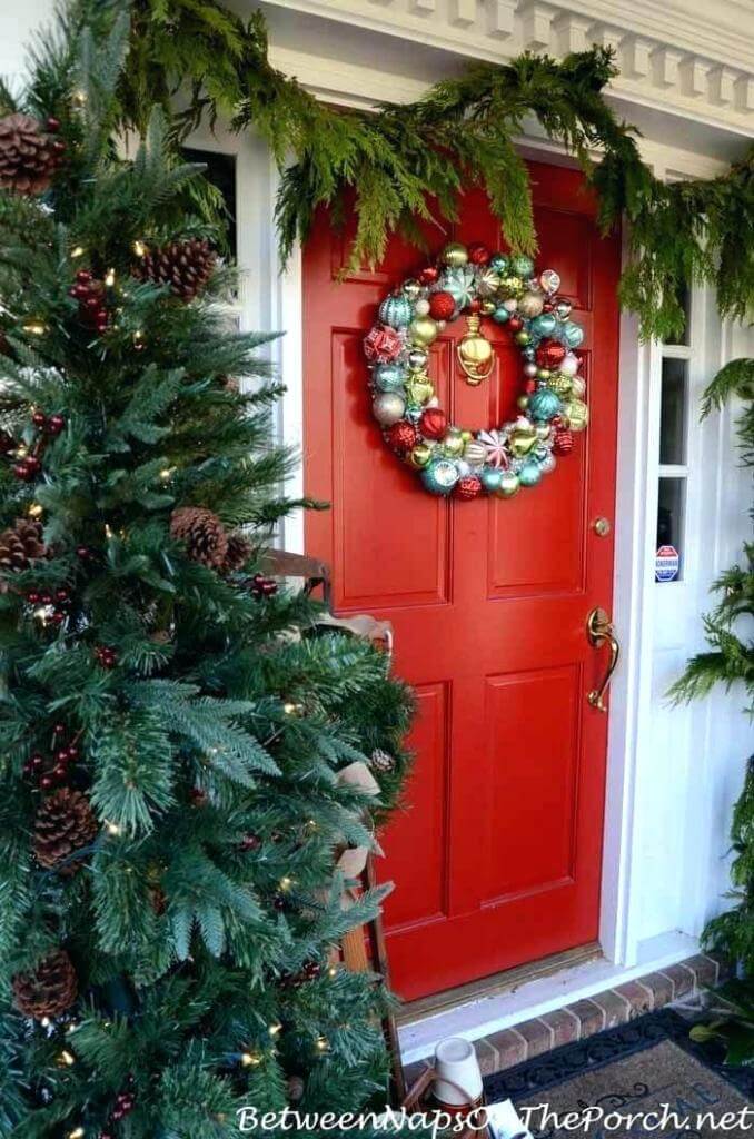 Exterior door colorful Christmas decor