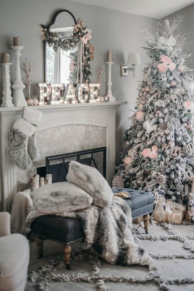 Gray living room Christmas tree