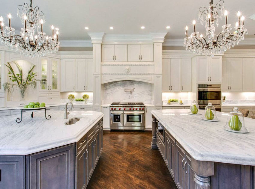 White cabinets Two islands and chandeliers chandeliers in marble