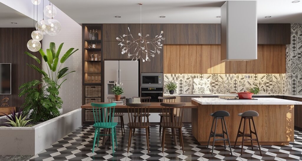 Mix and match the chair's geometric floor tiles in the kitchen