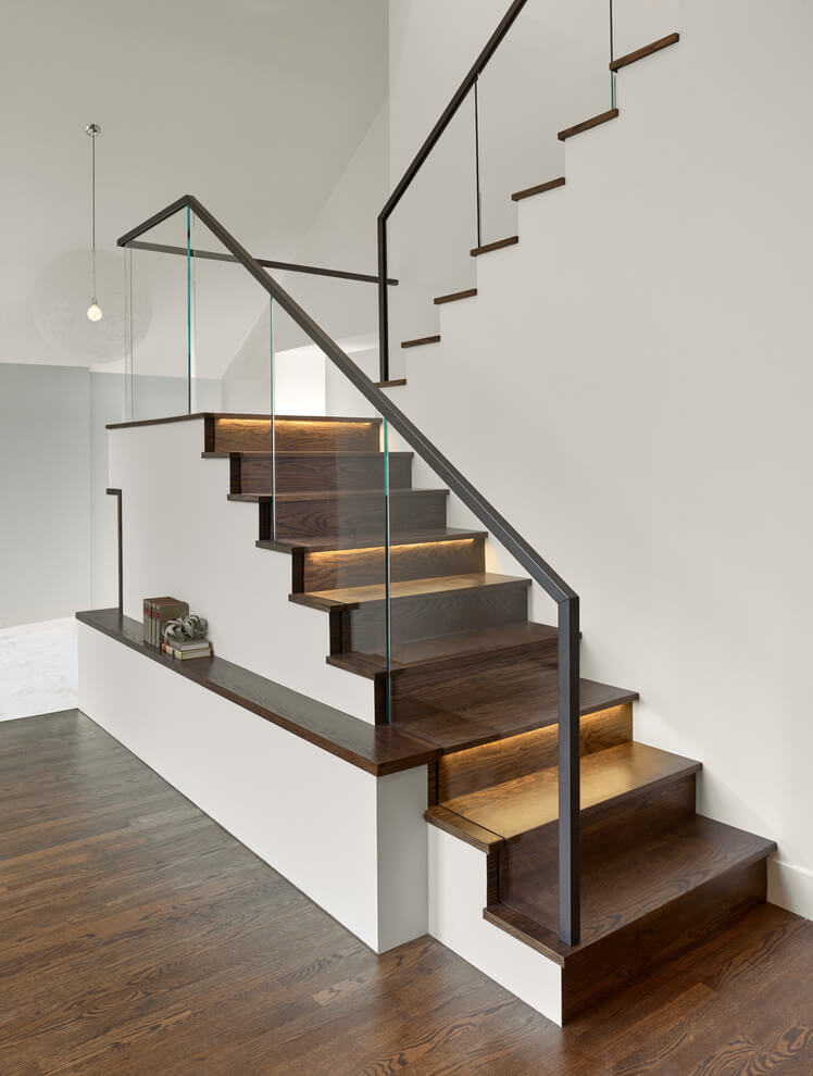 Elegant wooden staircase golden light