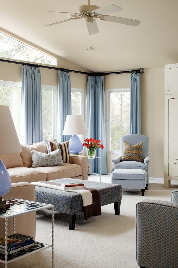 Pure blue curtains with large size living room