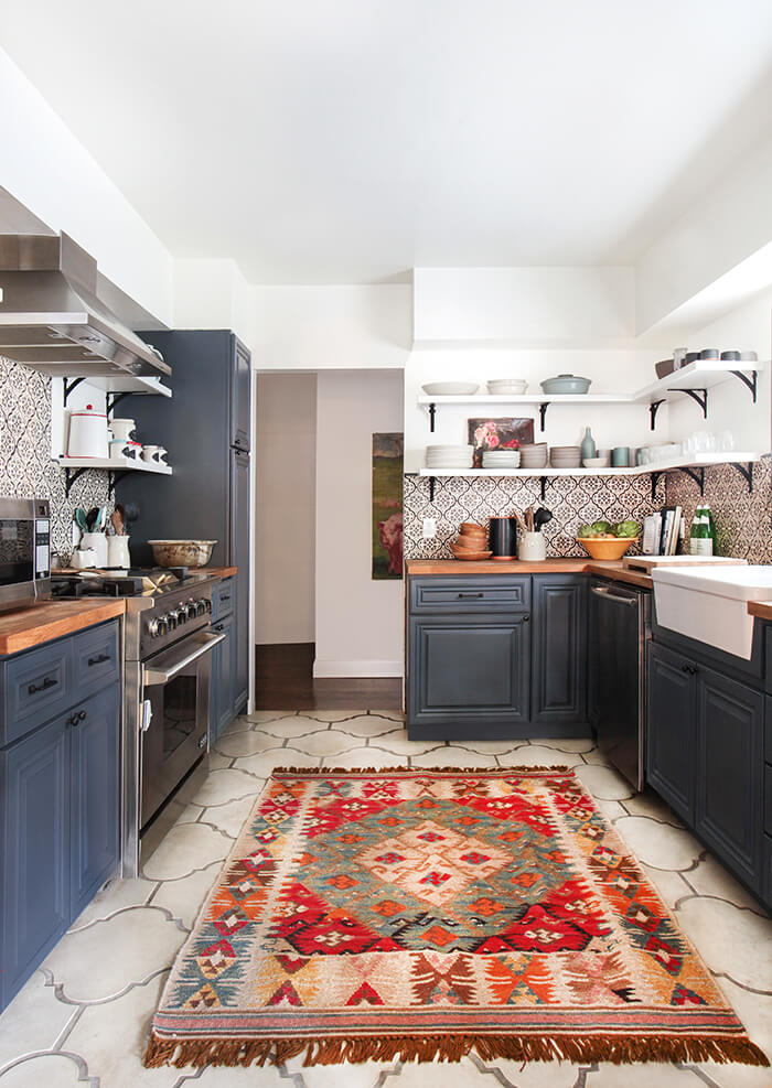 Easily organized open shelves Modern patterned tiles Spanish style kitchen