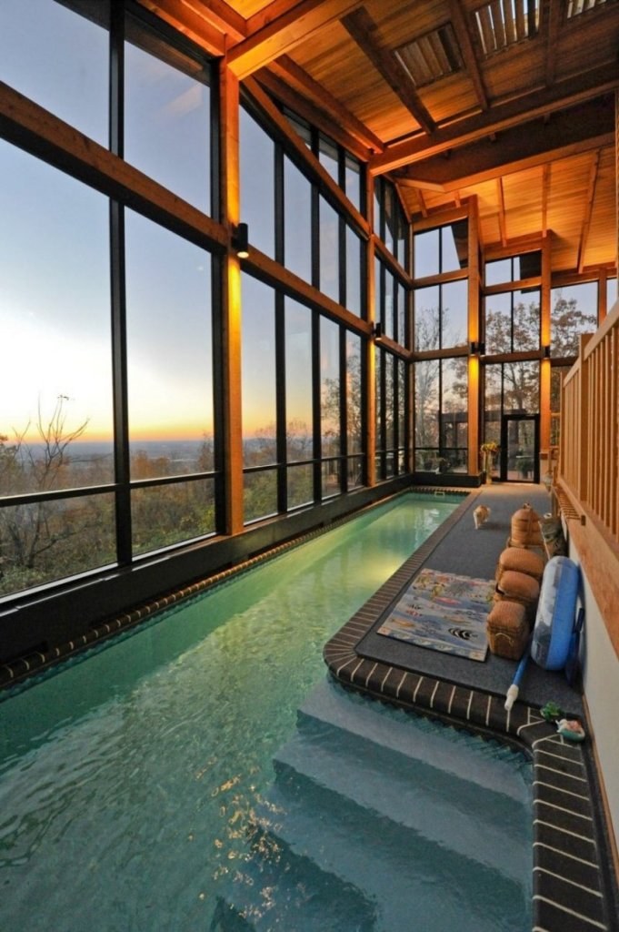 Glass and wooden door and roof pool
