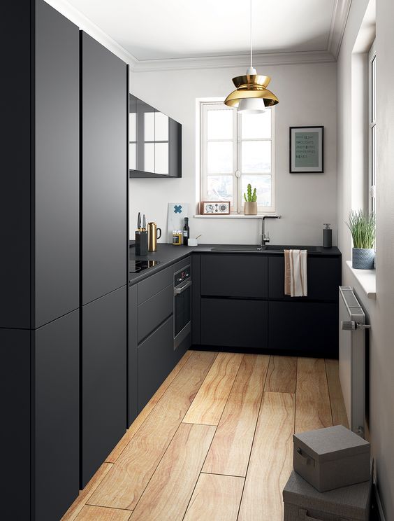 Black looking semi-open kitchen