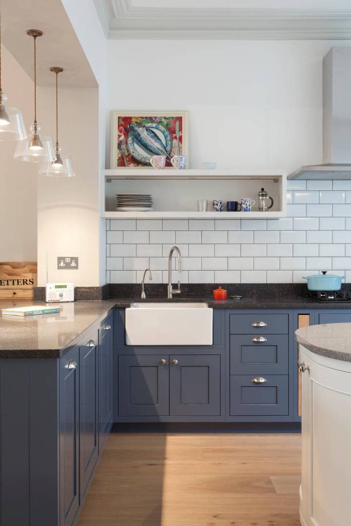 Blue cabinets, granite countertops