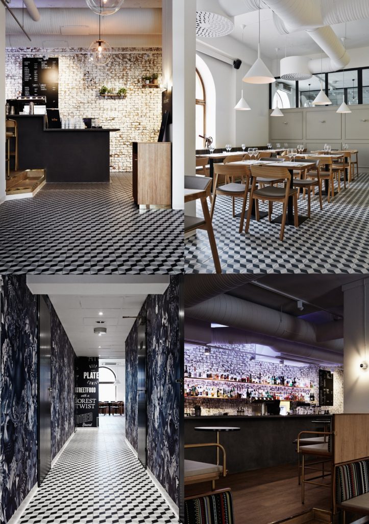 White Brick Wall Cafe with black and white flooring Intro Restaurant and nightclub