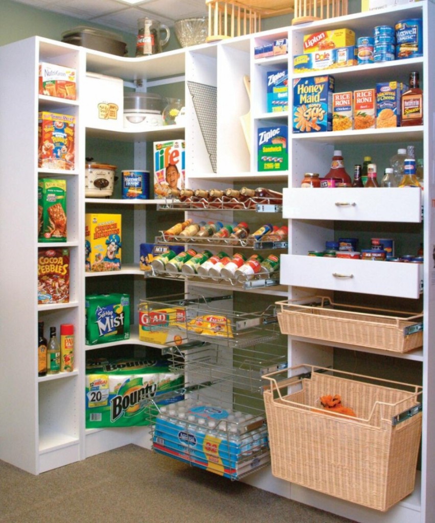 two shelves of wicker basket with organization of kitchen pantry