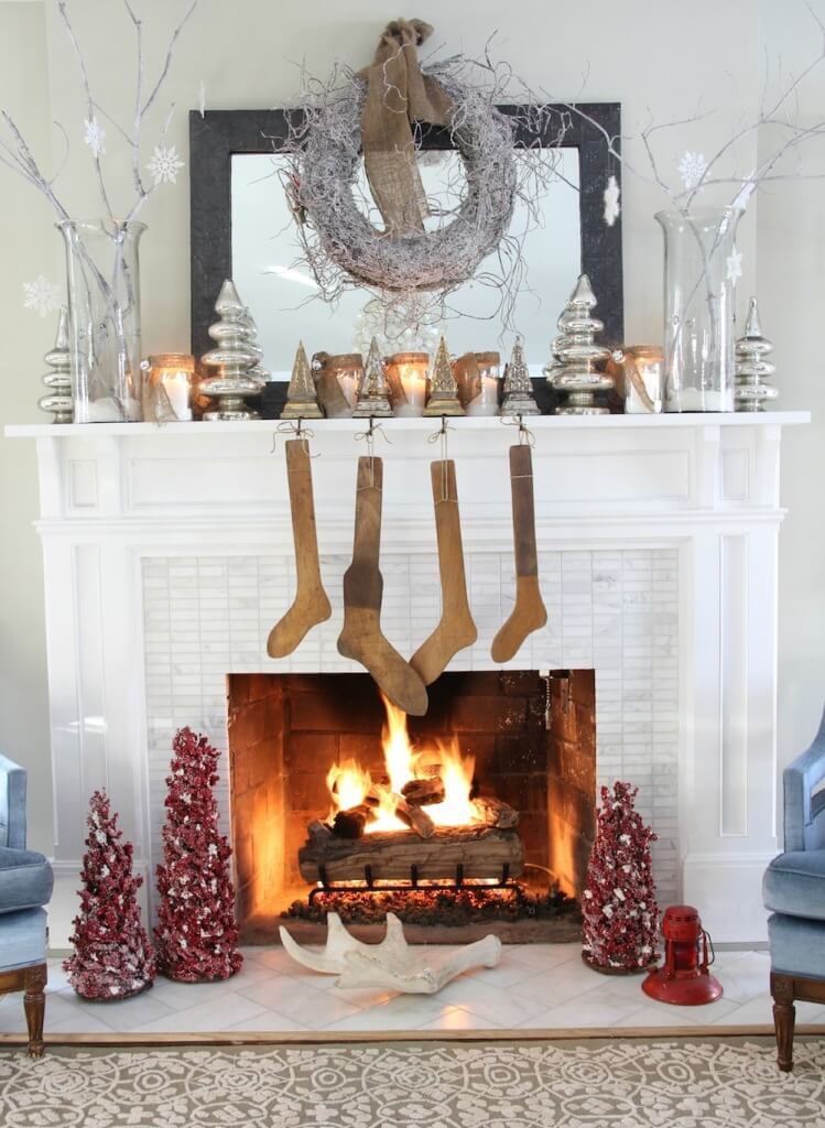 Rustic gray fireplace mantel decor