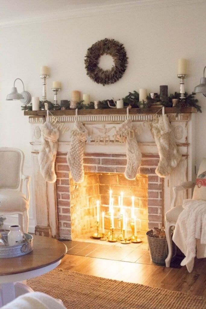 Simple fireplace with rustic Christmas decoration