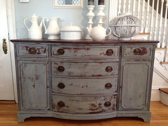 Antique Sideboard Buffet Console Refinished in Blue Milk Paint .