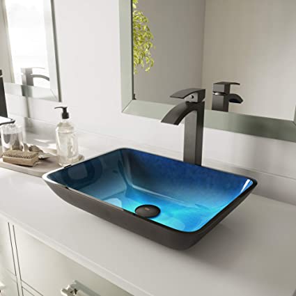 VIGO Rectangular Turquoise Water Glass Vessel Bathroom Sink .