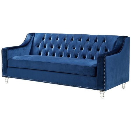 Jackson Navy Blue Velvet Sofa - Button Tufted - Lucite Acrylic Legs .
