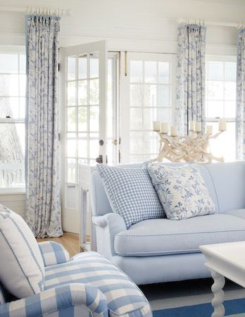 Blue and White Seaside Cottage | Blue, white living room, French .