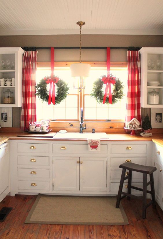large-red-plaid-curtains | Christmas window decorations, Christmas .