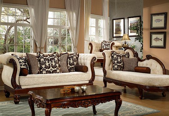 Windsor Cream Living Room Sofa and Chaise Furniture Set, Wood Trim .