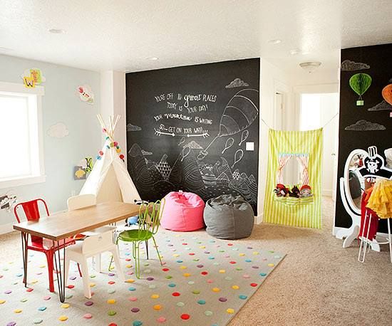 Playroom idea! Chalk walls and bright colors with natural light .