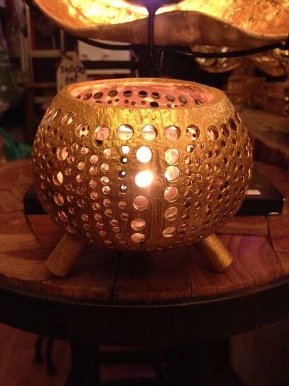 Candle holder golden coat carving coconut shell handmade natural .
