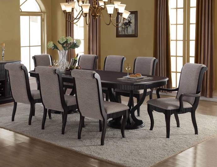 McFerran D1600 Formal Black Finish Grey Fabric Dining Table Set .