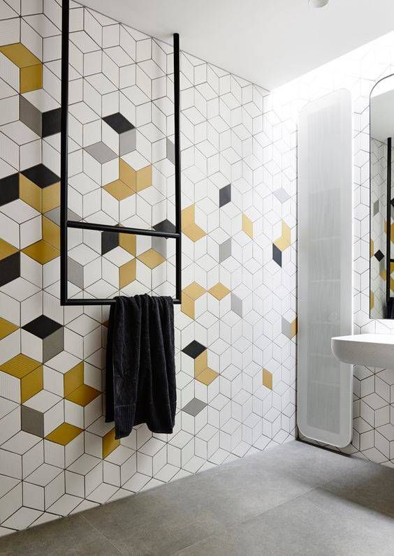 Geometric Falling Block Tile For Your Home | Yellow bathroom decor .