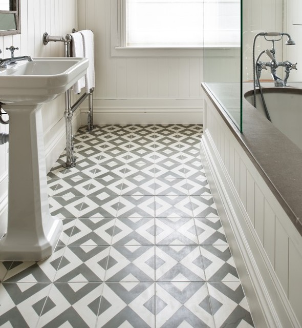Period Styled Bathroom with Geometric Tile Flooring - Eclectic .