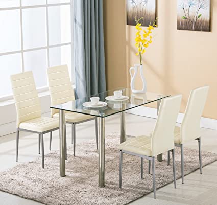 Amazon.com: 5 Piece Dining Table Set 4 Chairs Glass Metal Kitchen .