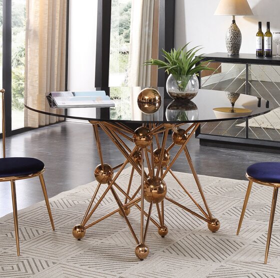 Everly Quinn Elston Glass and Rosegold Round Dining Table | Wayfa