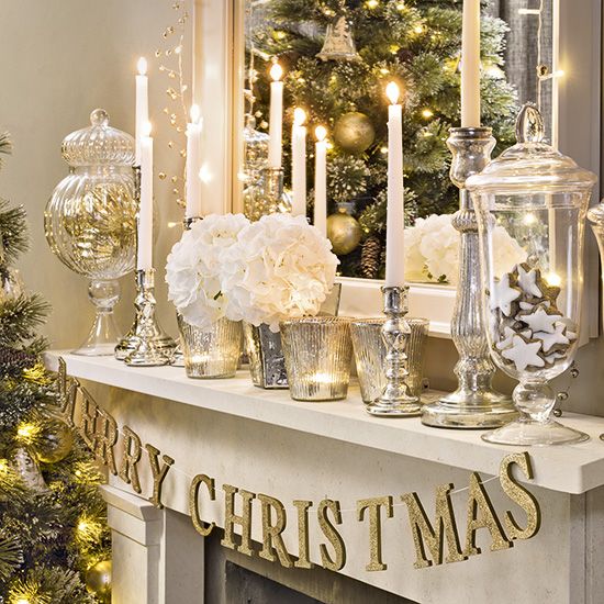 Christmas living room with silver and gold mantel display | Gold .