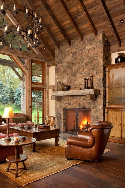Beautiful rustic living room. My cabin someday. | Home fireplace .