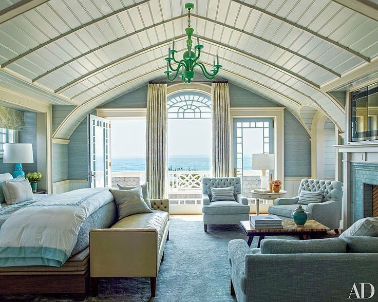 Cottage Master Bedroom with High ceiling, French doors, Crown .