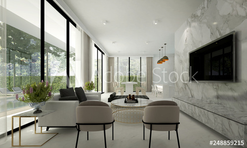 Modern luxury living room interior design space and marble wall .