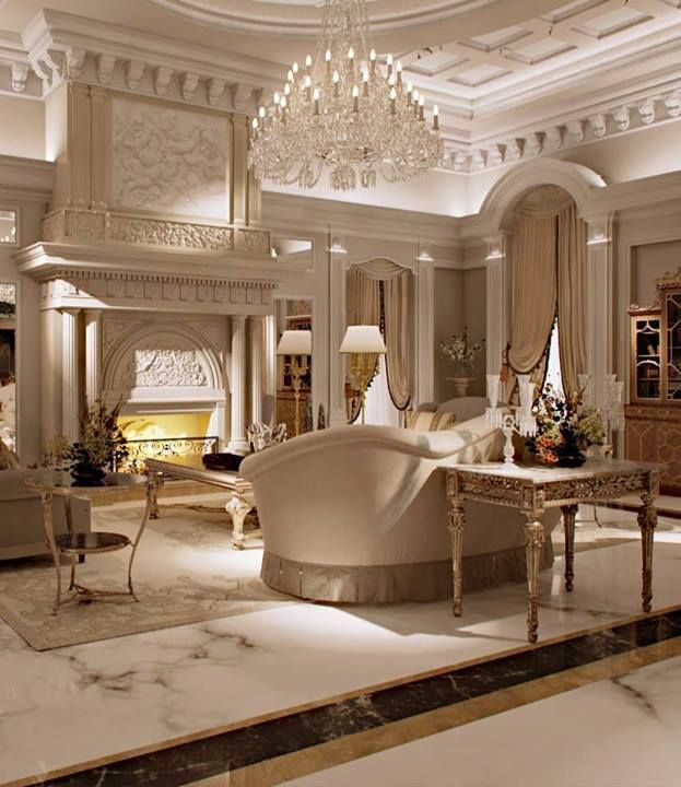 Luxurious Living Room - marble, millwork, chandelier... | Luxury .