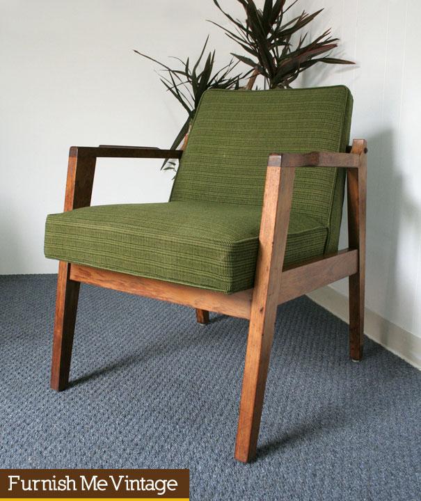Mid Century Modern Wood & Green Upholstery Arm Cha