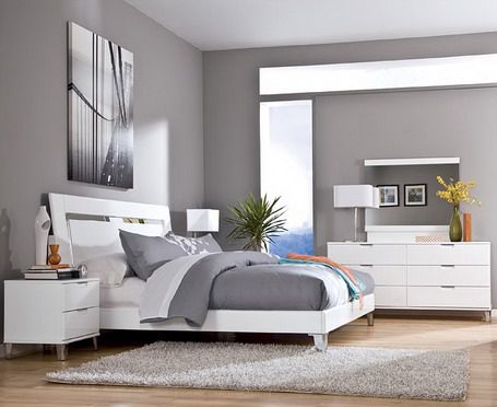 Grey Wall Color Scheme and White Bedding Sets in Modern Bedroom .