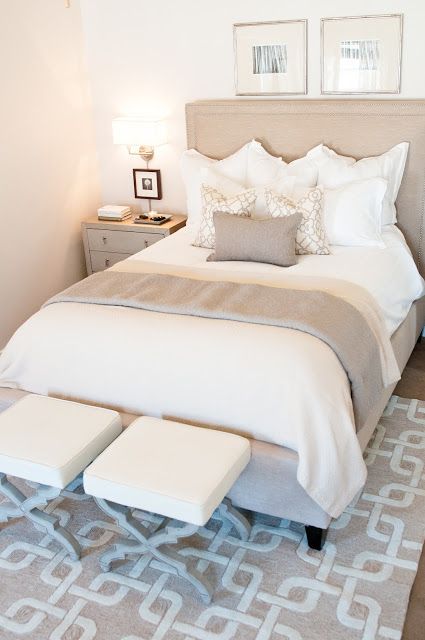 A soothing neutral bedroom...love the trellis patterns and the x .
