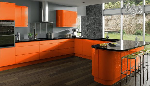 Cool Orange Kitchen Cabinets with Gray Backsplash and Black .