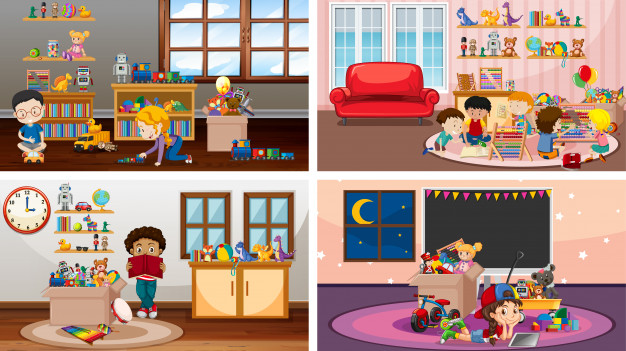 Four scenes with children playing in different rooms | Free Vect
