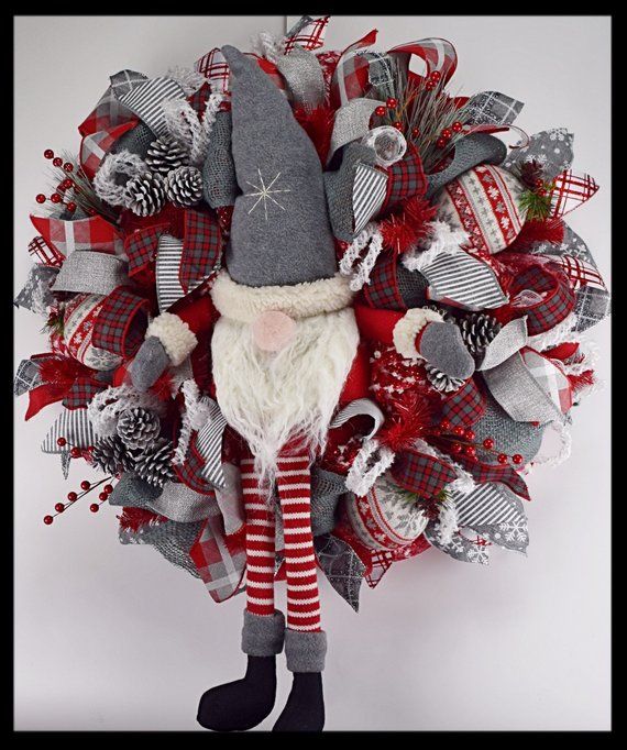 Charming Gray and Red Gnome Christmas Wreath, Mesh Wreath, Winter .