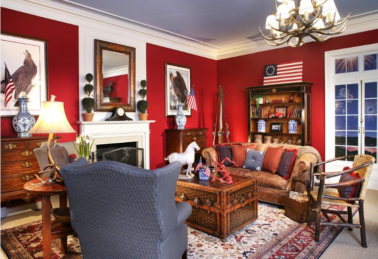 Attractive Red and White Living Room Interior Desig