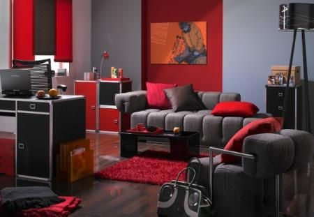 Grey and Red Living Room. LOVE! | Black living room, Grey and red .